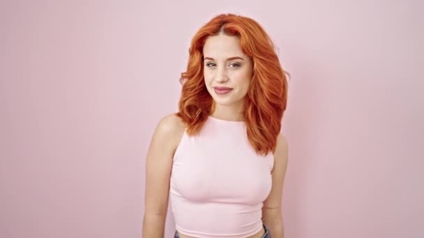 Young Redhead Woman Smiling Confident Saying Yes Head Isolated Pink — Stock Video