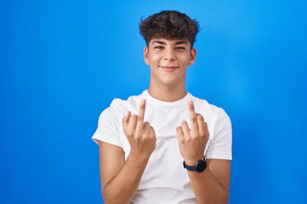 Hispanic Teenager Standing Blue Background Showing Middle Finger Doing Fuck — Foto de Stock