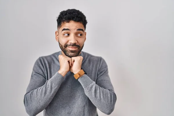 Hispanic Man Beard Standing White Background Laughing Nervous Excited Hands — 스톡 사진