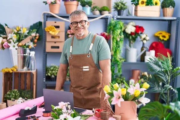 Middle Age Grey Haired Man Florist Smiling Confident Standing Flower — Stock Photo, Image