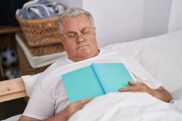 Middle Age Grey Haired Man Lying Bed Sleeping Holding Book — Stock Photo, Image