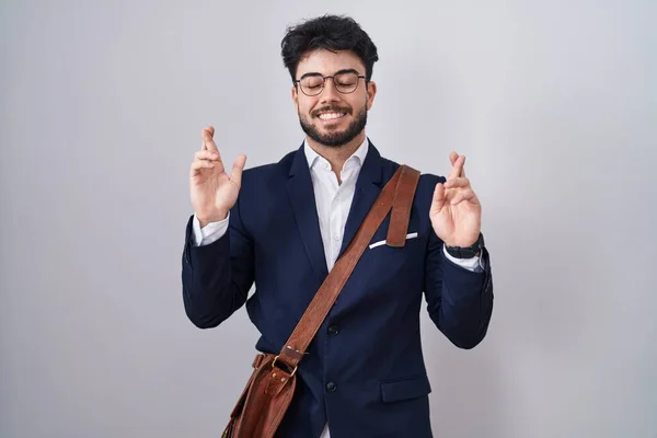 Hispanic Man Beard Wearing Business Clothes Gesturing Finger Crossed Smiling — Stock Photo, Image