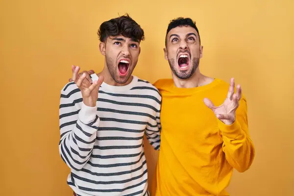Jong Latino Gay Paar Staande Gele Achtergrond Gek Gek Schreeuwen — Stockfoto