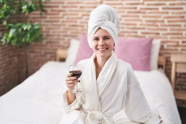 Young Blonde Woman Wearing Bathrobe Drinking Glass Wine Bedroom — Stock Photo, Image