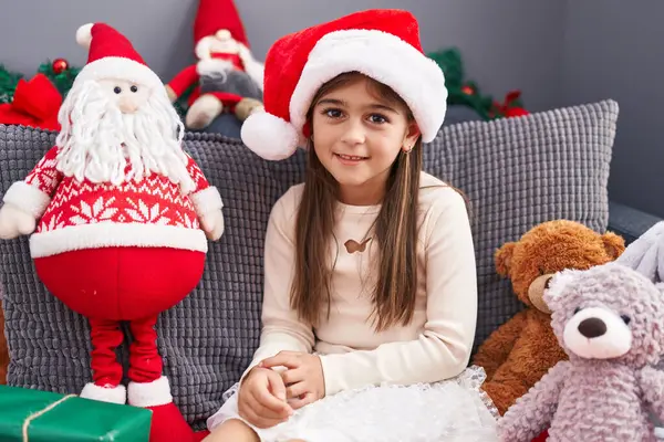 Adorable Hispanic Girl Smiling Confident Sitting Sofa Christmas Decoration Home — Stock Photo, Image