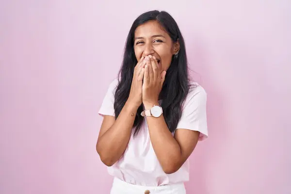Young Hispanic Woman Standing Pink Background Laughing Embarrassed Giggle Covering — Stock fotografie