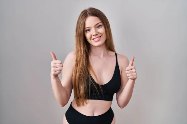 Ung Kaukasisk Kvinna Bär Underkläder Framgång Tecken Gör Positiv Gest — Stockfoto