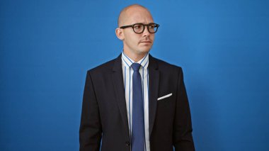 Soyutlanmış mavi bir geçmişi olan, ciddi yüzlü, İspanyol bir iş adamı.