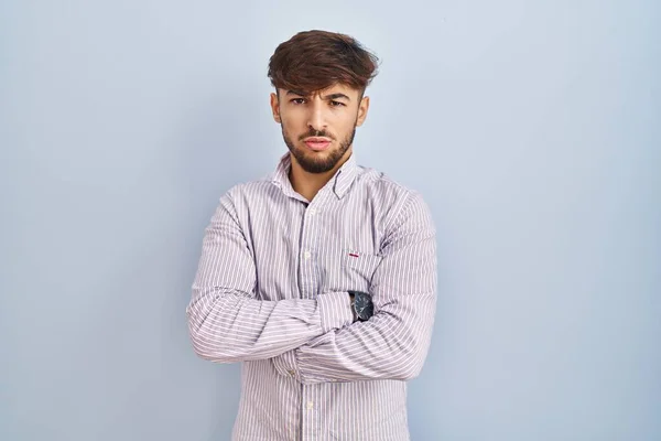 Arab Man Beard Standing Blue Background Skeptic Nervous Disapproving Expression — Photo