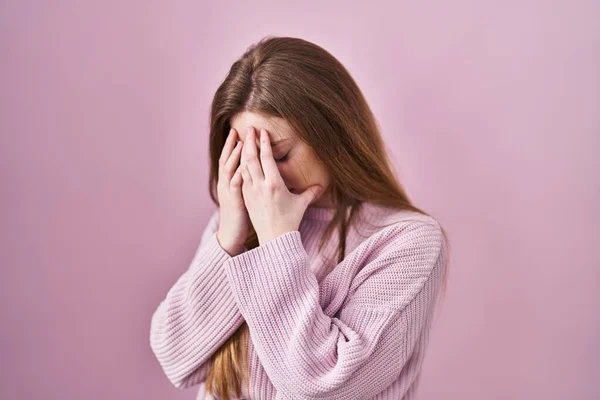 Young Caucasian Woman Standing Pink Background Sad Expression Covering Face — Stockfoto
