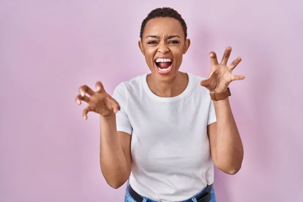Beautiful African American Woman Standing Pink Background Smiling Funny Doing — Stock Photo, Image