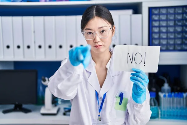 Chinese young woman working at scientist laboratory holding no banner pointing with finger to the camera and to you, confident gesture looking serious