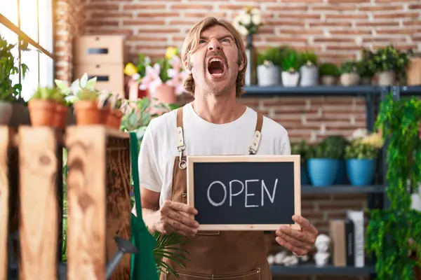 Caucasian Man Mustache Working Florist Holding Open Sign Angry Mad — Stock Photo, Image
