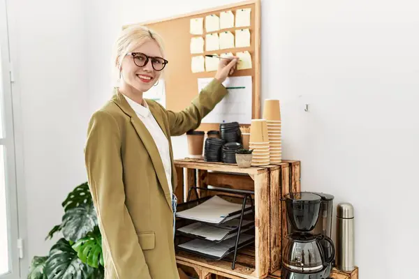Young Blonde Woman Business Worker Writing Cork Board Office — Stock Photo, Image
