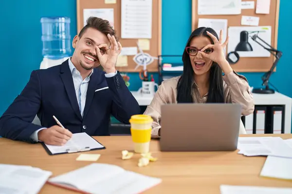 Young Hispanic Man Woman Working Office Smiling Happy Doing Sign — Stock Photo, Image