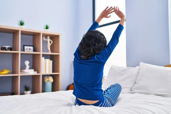 Young Latin Woman Waking Stretching Arms Bedroom — Stock Photo, Image