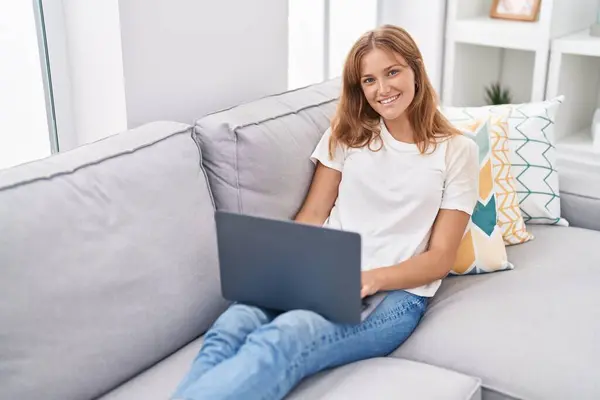 Young Blonde Girl Using Laptop Sitting Sofa Home — Photo