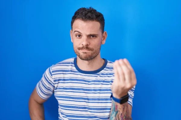 Young Hispanic Man Standing Blue Background Doing Italian Gesture Hand — Stock fotografie