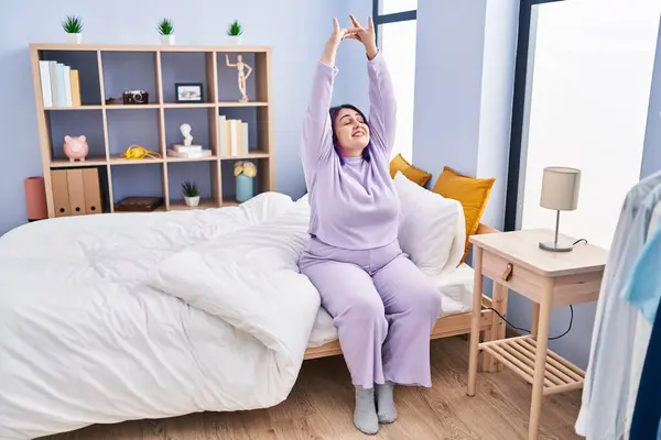 Young Beautiful Size Woman Waking Stretching Arms Bedroom — Stockfoto