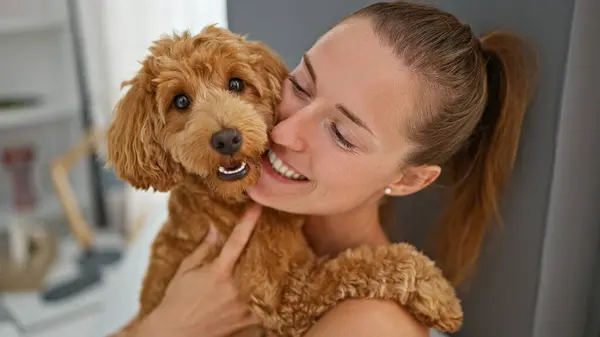 Joven Mujer Caucásica Con Perro Sentado Cama Abrazándose Casa —  Fotos de Stock