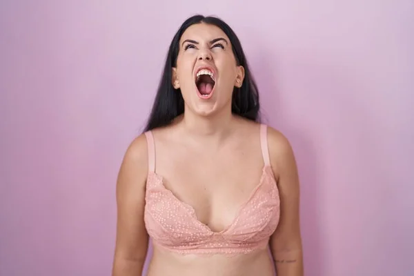 Young Hispanic Woman Wearing Pink Bra Angry Mad Screaming Frustrated — Stock Photo, Image
