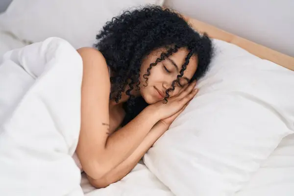 Young Hispanic Woman Lying Bed Sleeping Bedroom — Stok fotoğraf