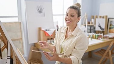 Sanat stüdyosunda kendine güvenen genç sarışın sanatçı gülümsüyor.