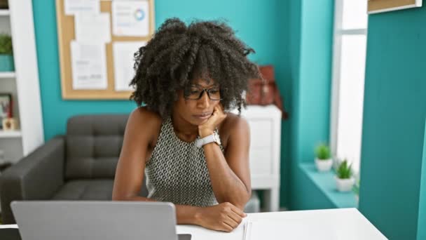 African American Woman Business Worker Using Laptop Wearing Headphones Office — Stock Video