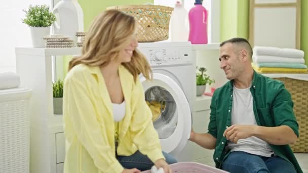Man Woman Couple Washing Clothes Together High Five Laundry Room — Stock Video