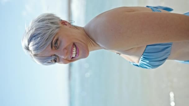 Young Woman Tourist Wearing Bikini Smiling Beach — Stock Video