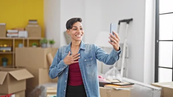 Young Beautiful Hispanic Woman Having Video Call Smiling New Home — Stock Video
