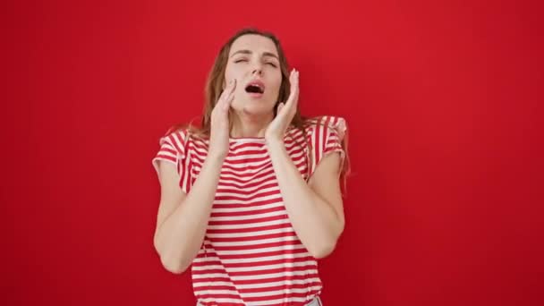 Young Blonde Woman Sneezing Isolated Red Background — Stock Video