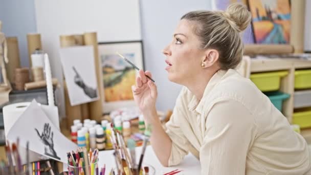 Jeune Artiste Blonde Dessinant Sur Carnet Pensant Studio Art — Video