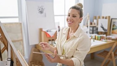 Sanat stüdyosunda kendine güvenen genç sarışın sanatçı gülümsüyor.