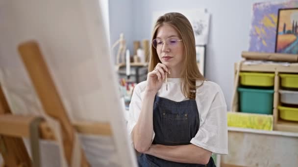Jovem Loira Artista Olhando Desenhar Pensando Estúdio Arte — Vídeo de Stock