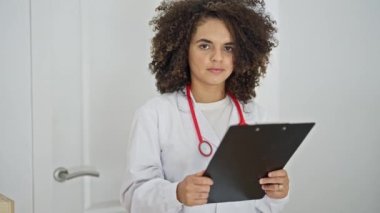 Genç, güzel İspanyol kadın doktor klinikte gülümseyen bir belge okuyor.