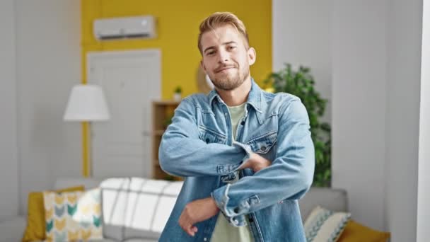 Young Caucasian Man Standing Crossed Arms Smiling Home — Stock Video