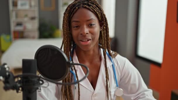 African American Woman Doctor Having Interview Radio Studio — Stock Video