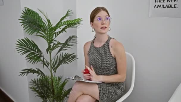 Mladá Blondýnka Sedí Židli Nervózním Výrazem Čekárně — Stock video