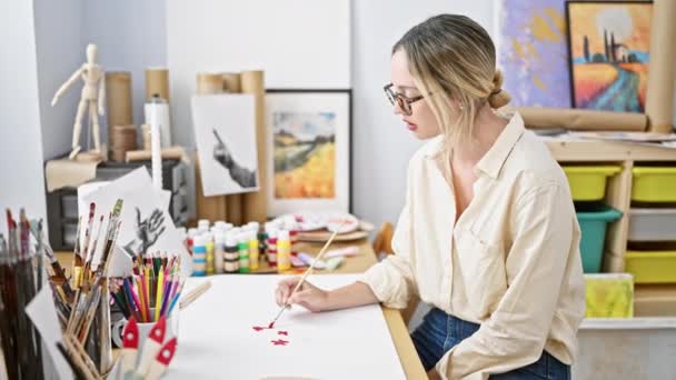 Jonge Blonde Vrouw Kunstenaar Tekening Papier Glimlachen Kunststudio — Stockvideo
