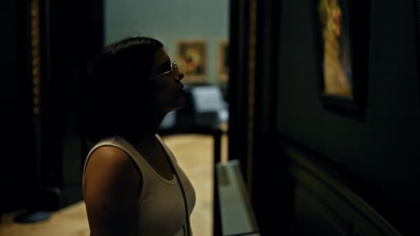 在维也纳艺术博物馆参观美术馆的年轻而美丽的惊慌失措的女人 — 图库视频影像