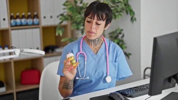 Mulher Hispânica Com Amputado Braço Médico Prescrição Pílulas Tratamento Clínica — Vídeo de Stock