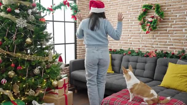 Fiatal Spanyol Chihuahua Kutya Játszik Táncol Visel Karácsonyi Kalap Otthon — Stock videók
