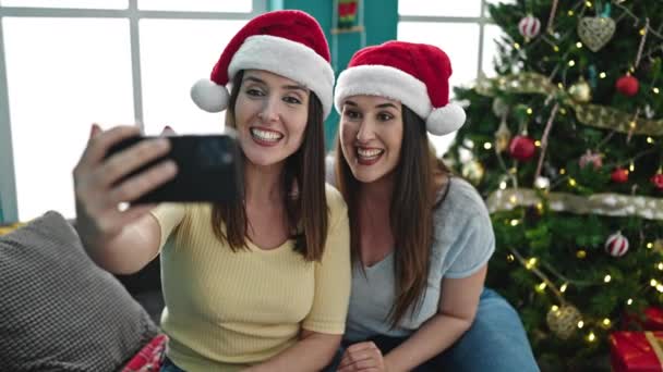 Two Women Celebrating Christmas Having Video Call Home — Stock Video