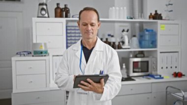 Mutlu orta yaşlı bir adam, kendine güvenen bir bilim adamı, temaslarını kullanırken gülümseyen, çığır açan tıbbi araştırmalara dalmış..