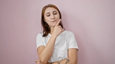 Soyutlanmış pembe arka planda şüphe duyan genç bir kadın.