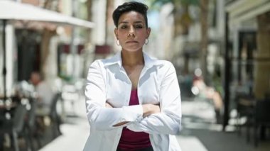 Kahve dükkanının terasında ciddi bir ifade ve kollarını kavuşturmuş genç, güzel İspanyol bir kadın.