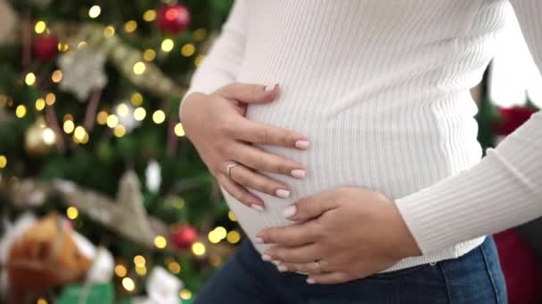年轻的孕妇在家里庆祝圣诞节 — 图库视频影像