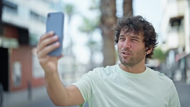 Young Hispanic Man Smiling Confident Having Video Call Street — Vídeos de Stock