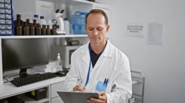 Odaklanmış orta yaşlı bir adam, deneyimli bir bilim adamı, yoğun bir laboratuarda yazdığı ciddi bir rapora dalmış.